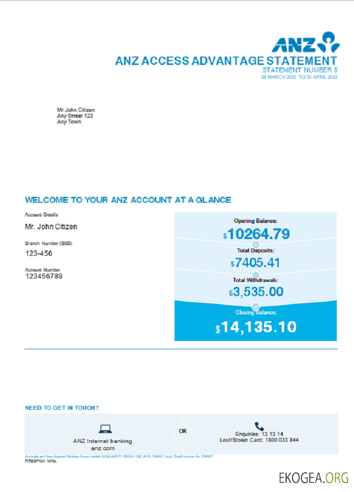 Relevé bancaire Australie ANZ, modèle Word et PDF
